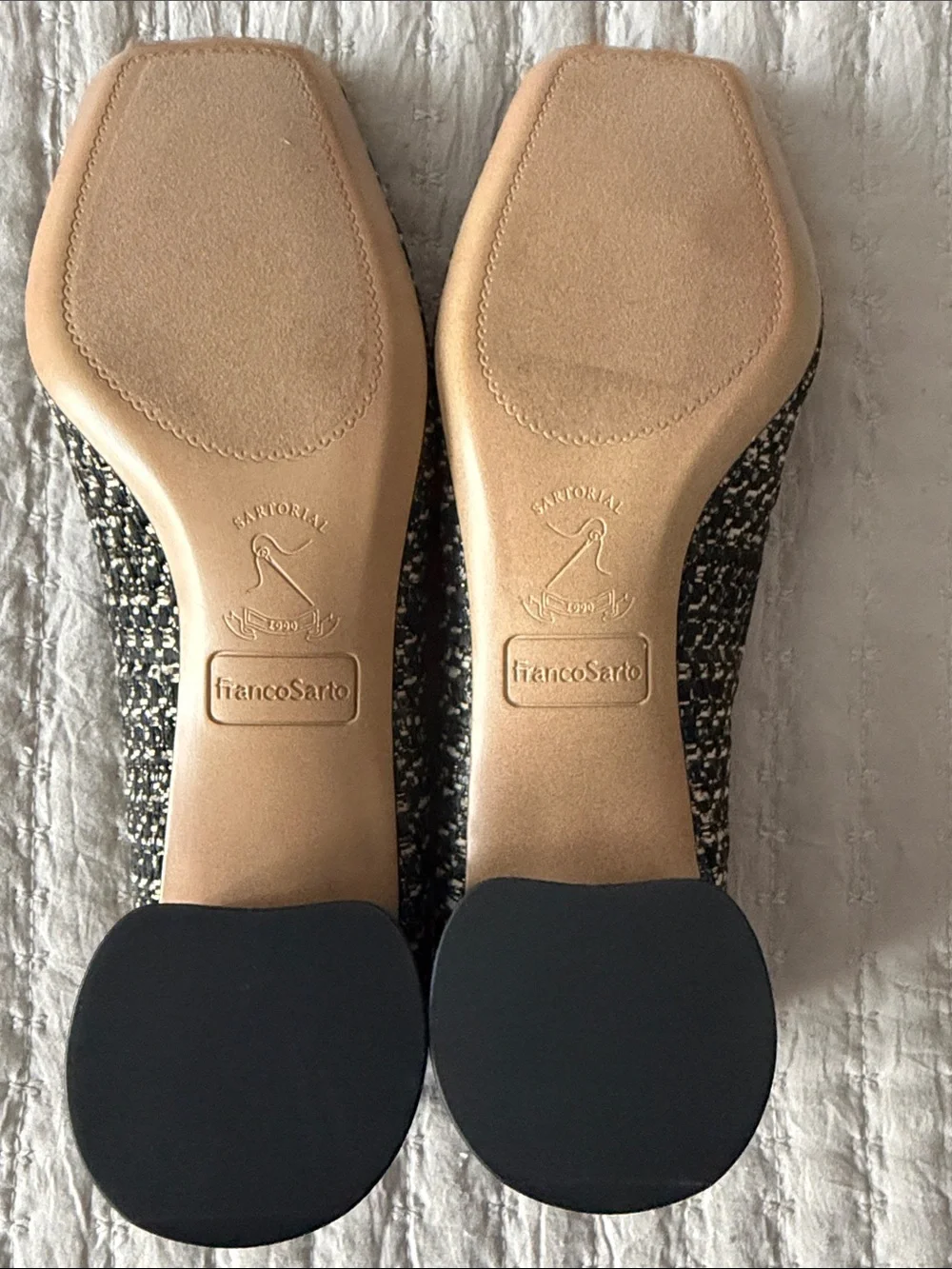 NWOT Franco Sarto Black-Gold-Cream Tweed Bow Ballet Heels 8.5 ❤️ Perfect In Fall